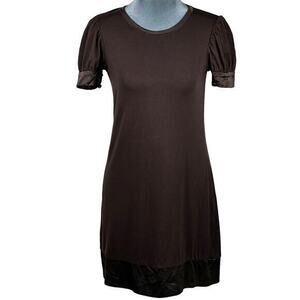 Bebe Y2K Dress Sz Small Brown Silk Trim Puff Sleeve Fairy Goblincore Vintage USA